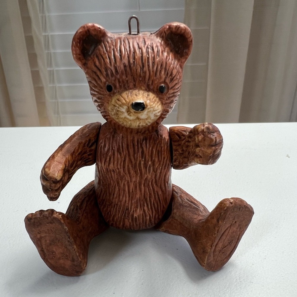 Vtg Ceramic Brown Teddy Bear Holiday Ornament Articulated Movable Joints Gift 4”